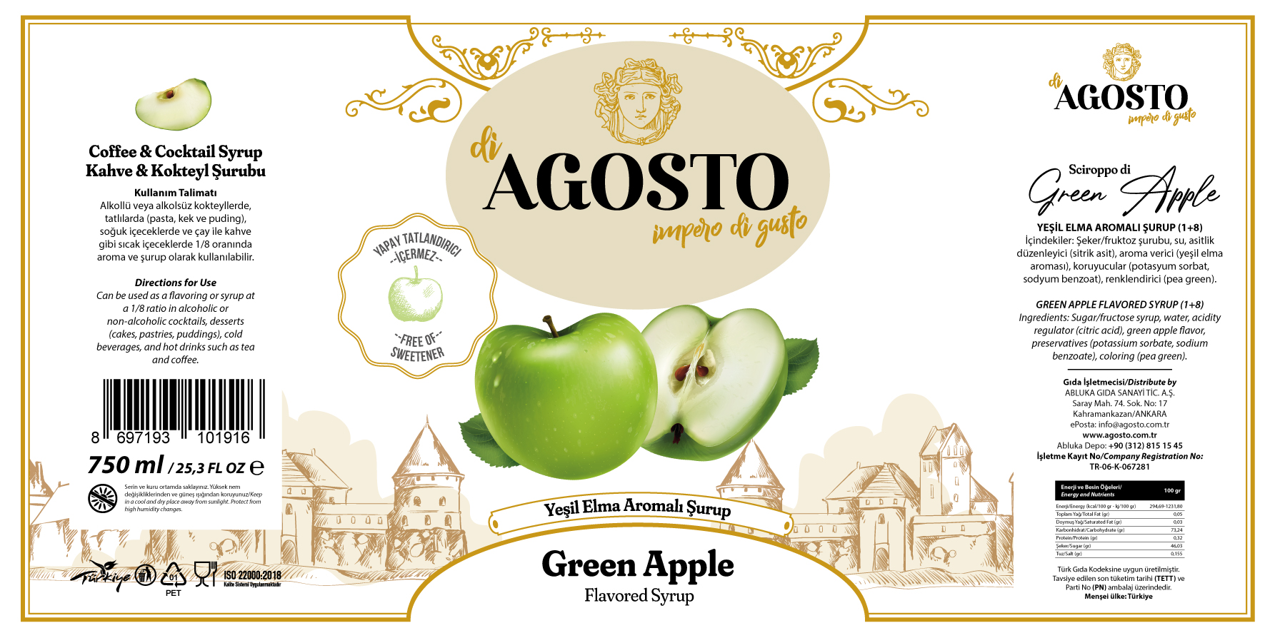 Yeşil Elma Aromalı Şurup – 750 ml